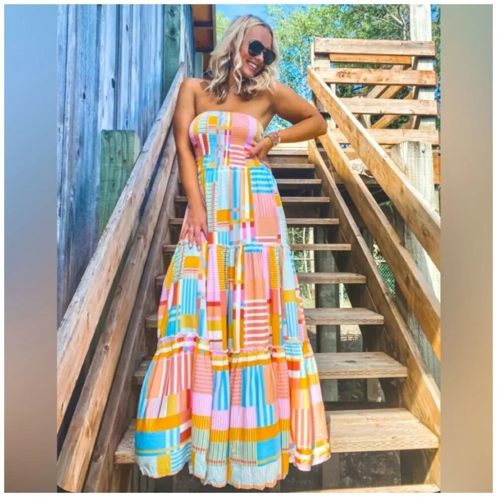 Abel the Label Anthropologie Patchwork Strapless Tiered Maxi Dress Small Smocked - Picture 1 of 10